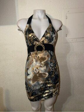 Gold & Black Halter Floral Print Dress with Decorative belt y2k style